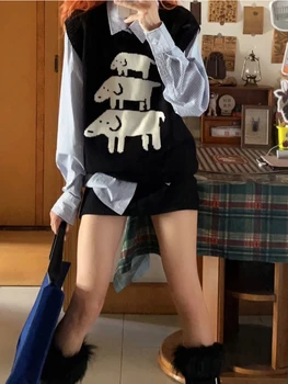 Deeptown Kawaii Черный свитер-жилет Женский Японский Y2k С милой Аниме вышивкой, Вязаный комплект из двух частей, Корейская уличная одежда в стиле Харадзюку