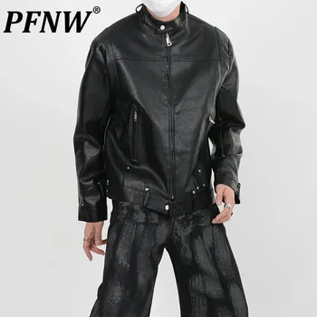PFNW Deconstruction Punk Нишевый дизайн Темная одежда Пальто из искусственной кожи Мужская Свободная Наплечная накладка Осень Зима Новая куртка Tide 12Z4999