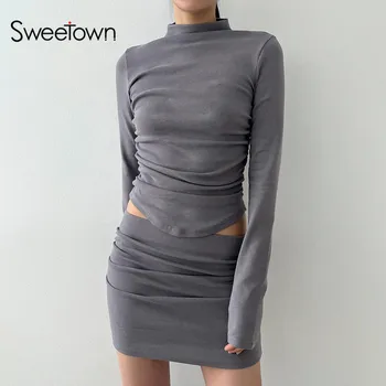 Sweetown Темно-серая однотонная базовая Элегантная тонкая футболка с длинным рукавом и юбка из 2 предметов, модная женская осенне-зимняя уличная одежда
