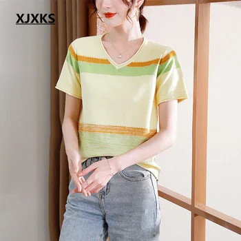 XJXKS 2023, Летняя Новая Модная Женская футболка в полоску с V-образным вырезом, высококачественные Трикотажные топы из шелка Тутового дерева с короткими рукавами