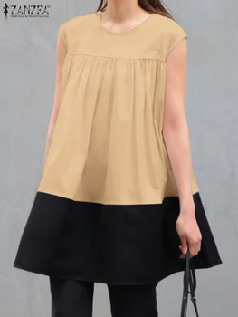 ZANZEA Повседневная блузка трапециевидной формы без рукавов, праздничные майки, женские топы с цветным блоком, с круглым вырезом, сращенная летняя модная блузка 2023 года