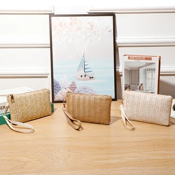Однотонный тканый соломенный клатч на молнии, пляжная сумочка, кошелек-конверт средней длины, повседневный кошелек для монет, простая сумка для мобильного телефона