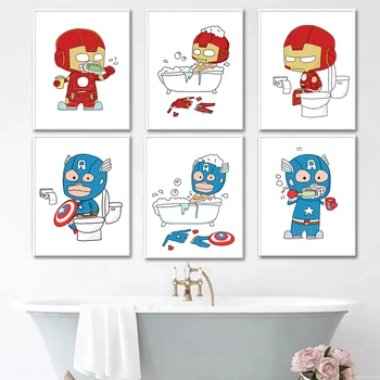 Супергерой Человек-паук, Железный Человек, плакат, мультфильм, настенное искусство, холст, картина, принт, забавная картинка, Мальчик, детский туалет, декор для ванной комнаты, Куадрос